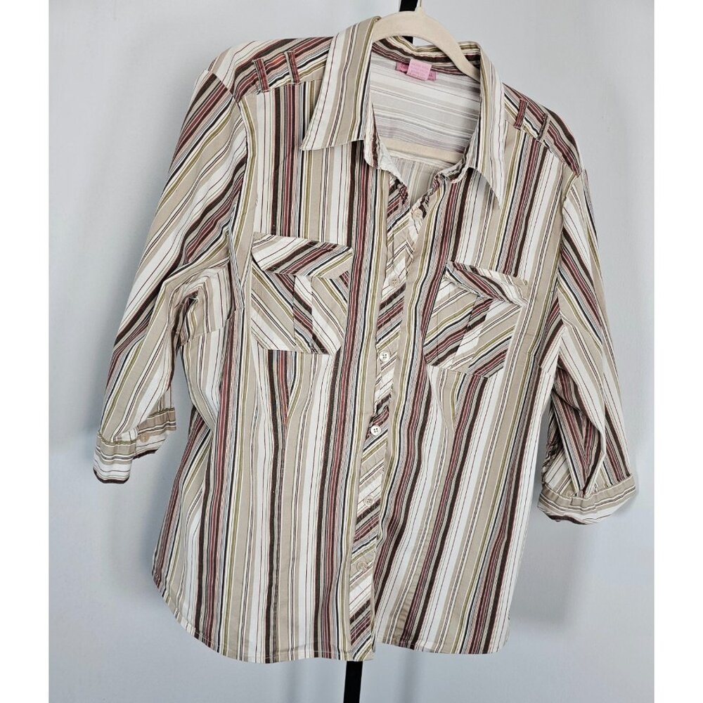 She's Cool 3/4 Roll Tab Sleeve Button Down Shirt Brown multicolor-SZ 2X